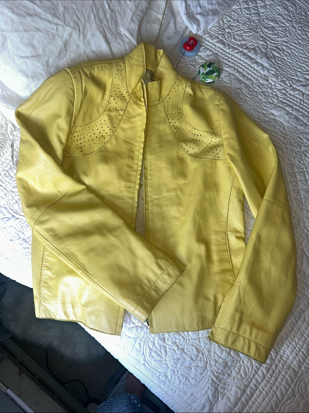 Yellow Perforated Leather Jacket - Sleek Stand Collar